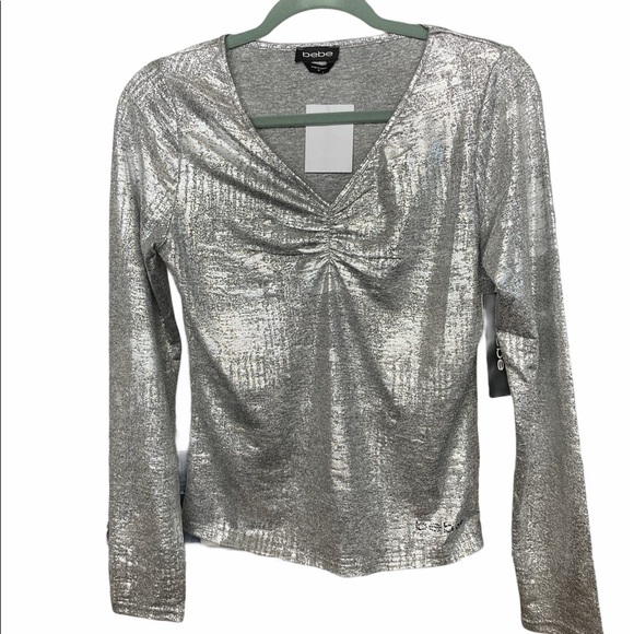 BEBE Glam Metallic Silver Long Sleeves Top Medium BNWT - Picture 1 of 5